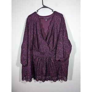 Roamans Top Women Plus 4X Burgundy Lace‎ Faux Wrap V-Neck Blouse